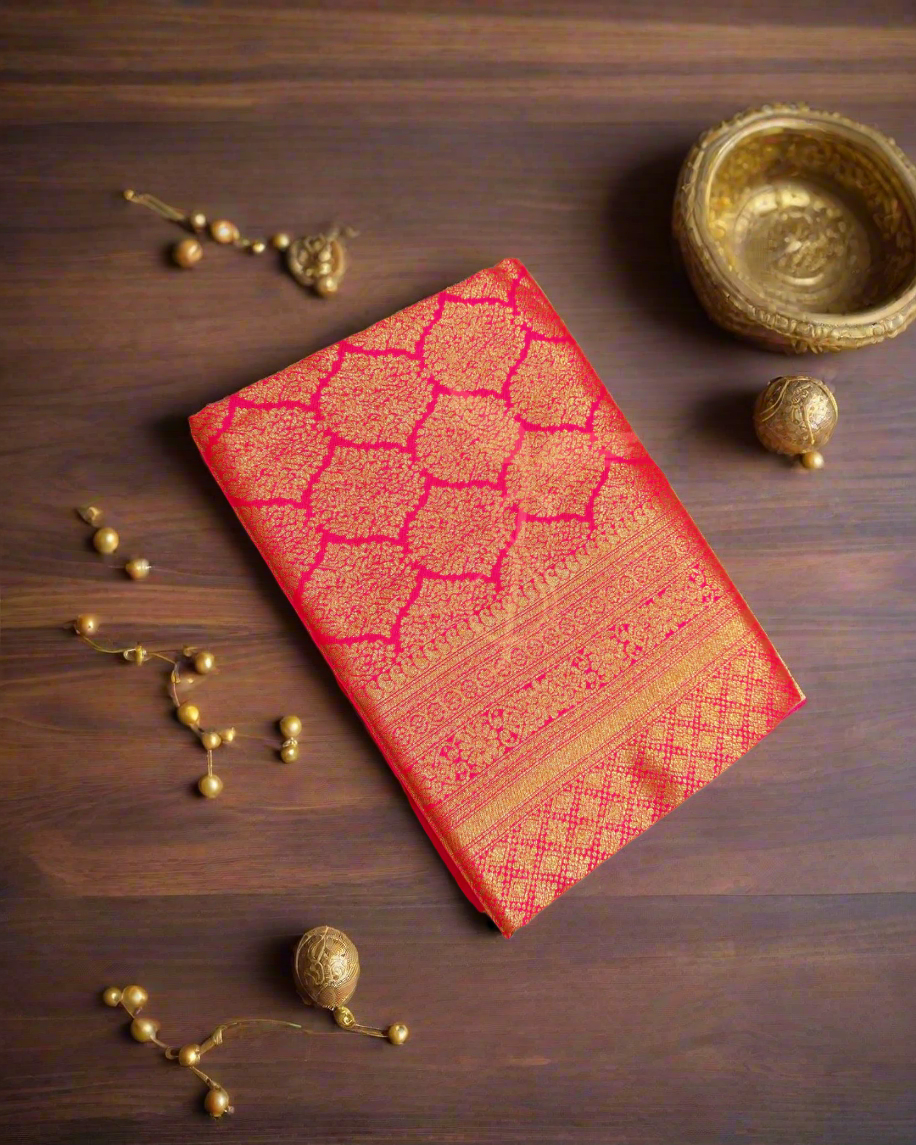 Radiant Pink Banarasi Jari Silken Saree with Self Zari Weave – Graceful Bridal & Festive Attire