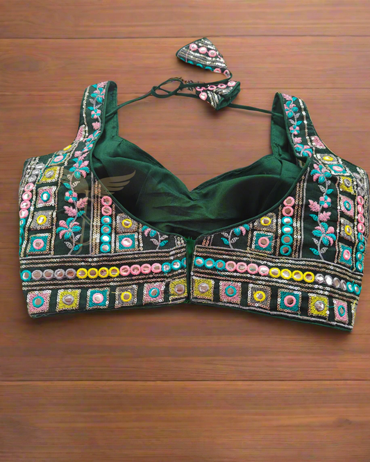 Designer Bottle green Mirror Work Blouse with Multicolor Embroidery – Wedding & Festive Wear