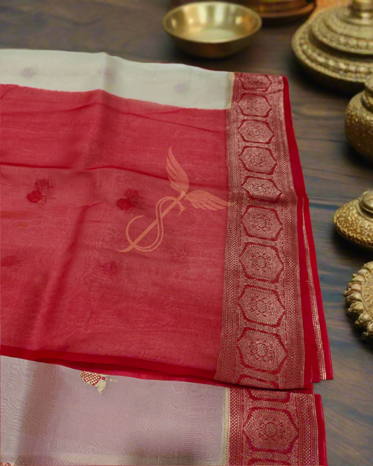 Limited Edition White & Red Organza Jari Silken Saree