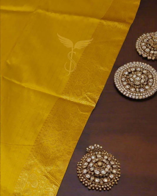 White & Gold Banarasi Jari Silken Saree with Lustrous Mustard Zari Border – Classic Temple & Festive Wear