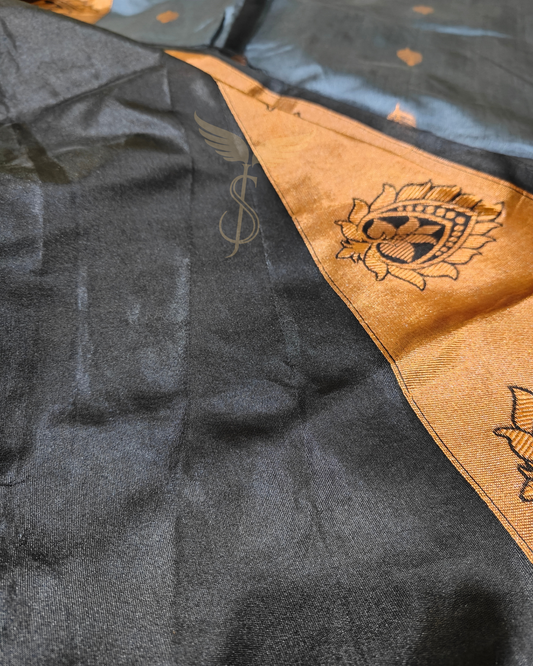Greyish Black Banarasi Jari Silken Saree with Zari Woven Pallu – Festive Wear