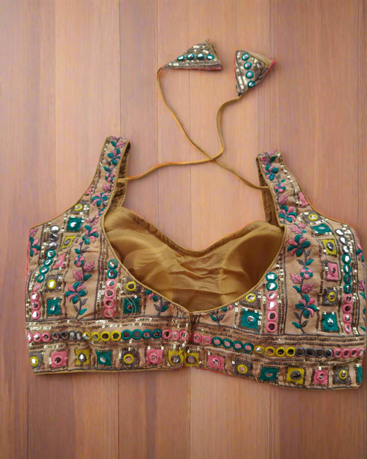 Designer Beige Mirror Work Blouse with Multicolor Embroidery – Wedding & Festive Wear