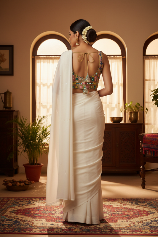 Designer Beige Mirror Work Blouse with Multicolor Embroidery – Wedding & Festive Wear