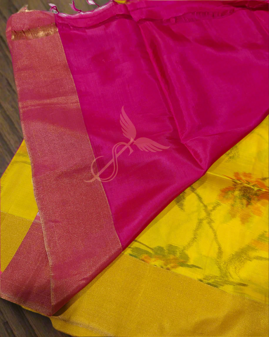 Graceful Yellow & Pink Kanjivaram Jari Silken Saree with Pochampalli Handwoven Zari Design