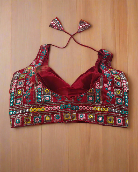 Designer Maroon Mirror Work Blouse with Multicolor Embroidery – Wedding & Festive Wear
