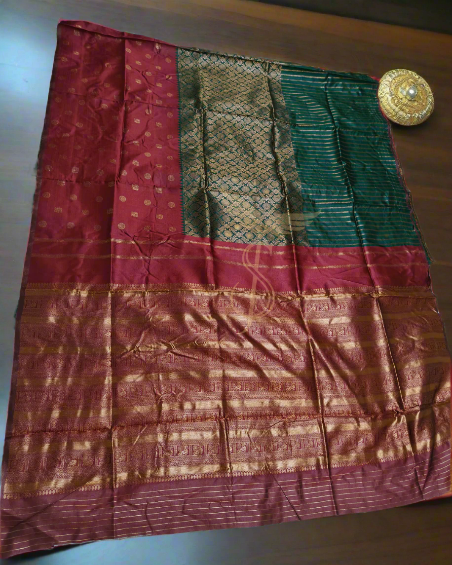 Regal Maroon Green Banarasi Jari Silken Saree with Rich Brocade & Gold Zari
