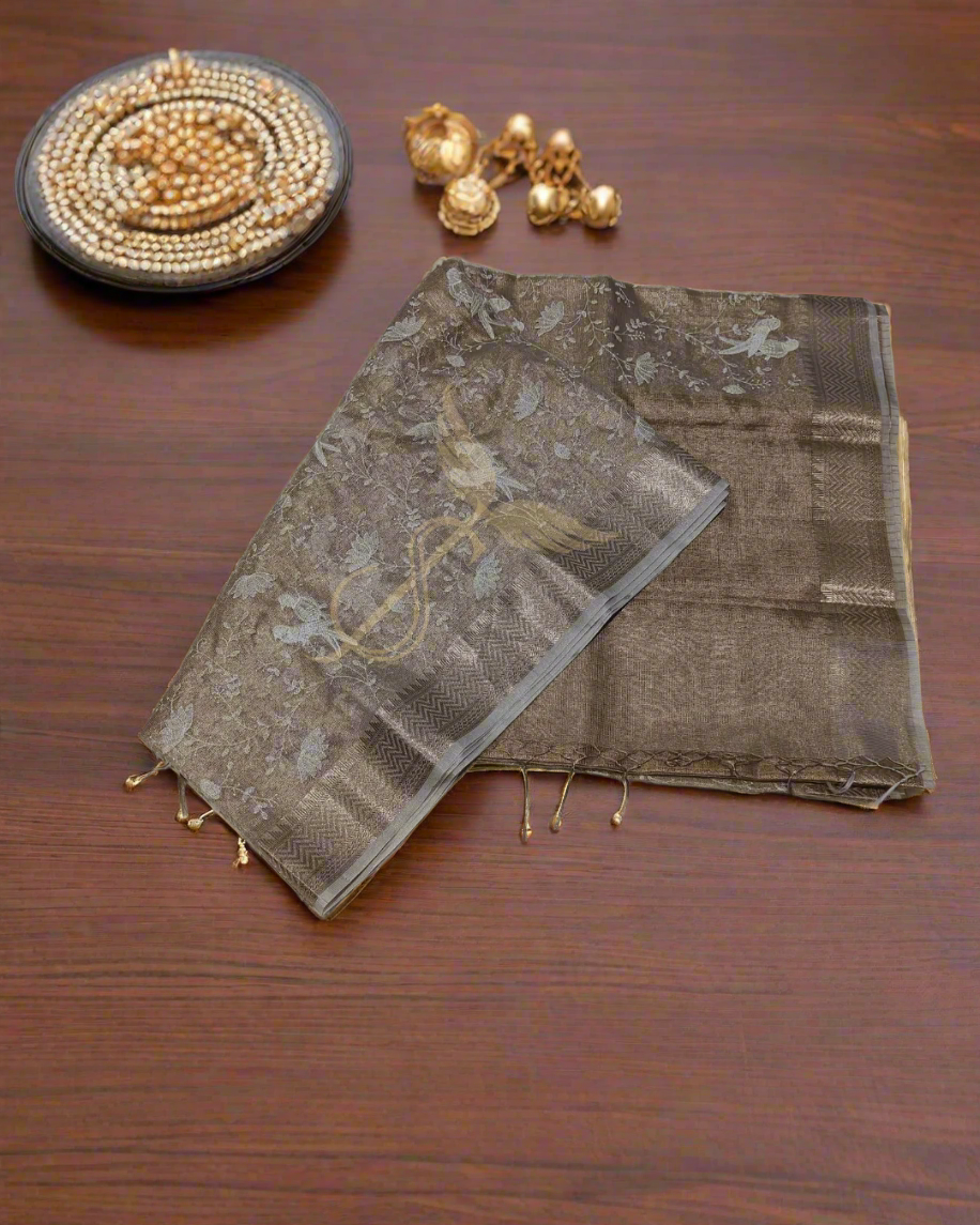 Beige-Gold Kota Tissue Jari Silken Saree – Ethereal Elegance in Every Thread