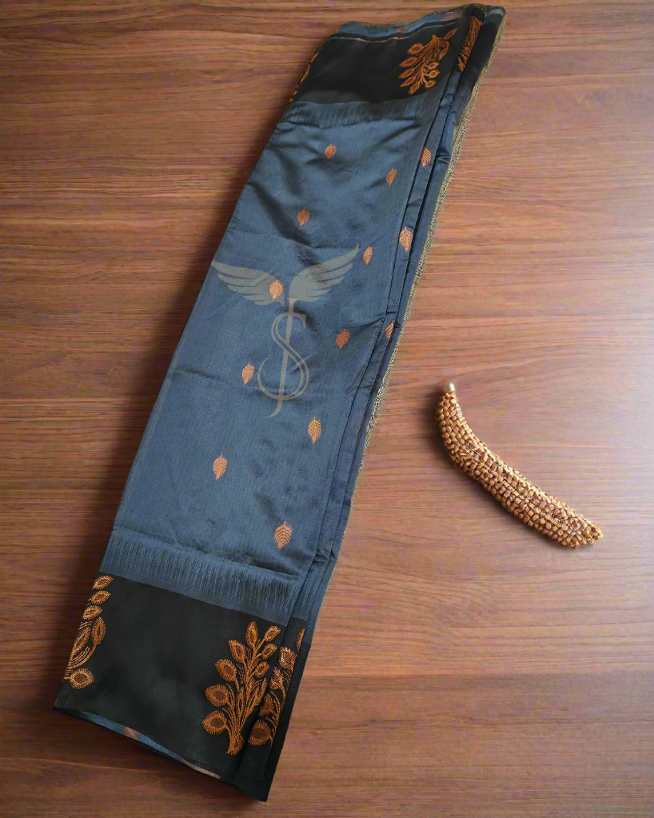 Greyish Black Banarasi Jari Silken Saree with Zari Woven Pallu – Festive Wear