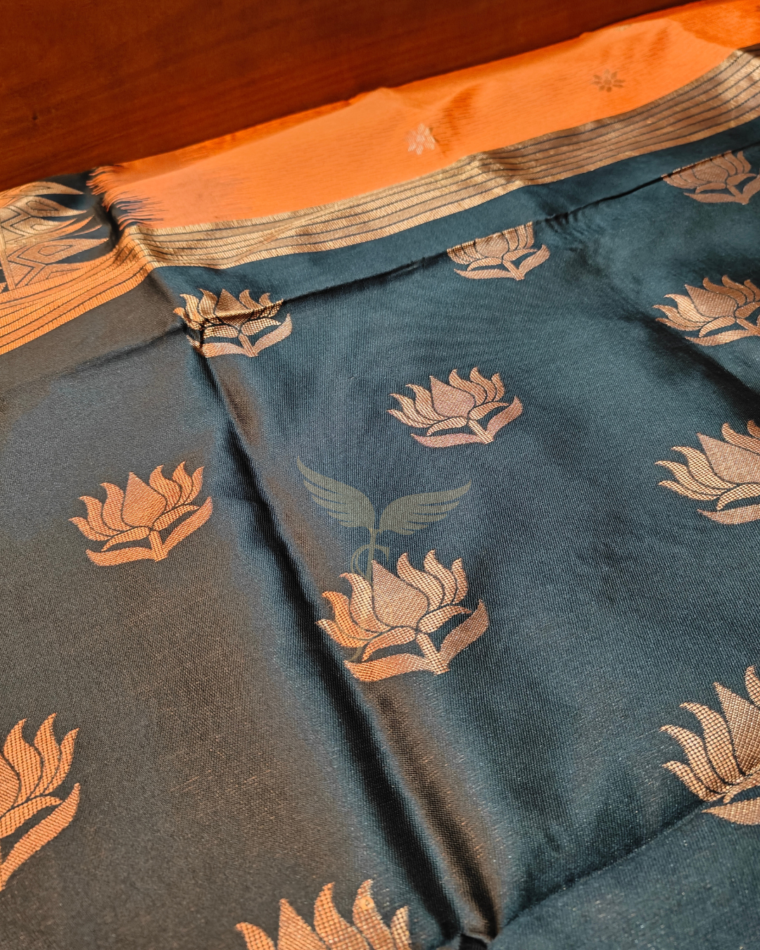 Orange with Black Banarasi Jari Silken Saree with Lotus Pallu & Copper Lotus Blouse