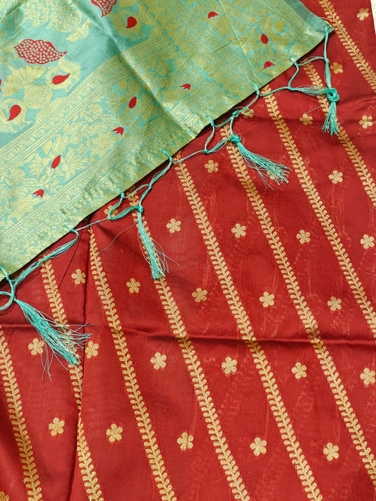 Aqua Green Banarasi Jari Silken Saree with Golden Zari & Red Blouse – Timeless Festive Attire