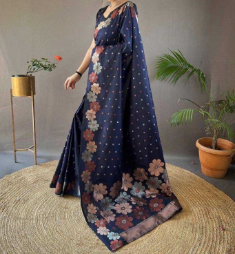 Navy Blue Soft Jari Silken Saree with Elegant Zari & Jacquard Weave
