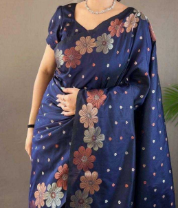 Navy Blue Soft Jari Silken Saree with Elegant Zari & Jacquard Weave