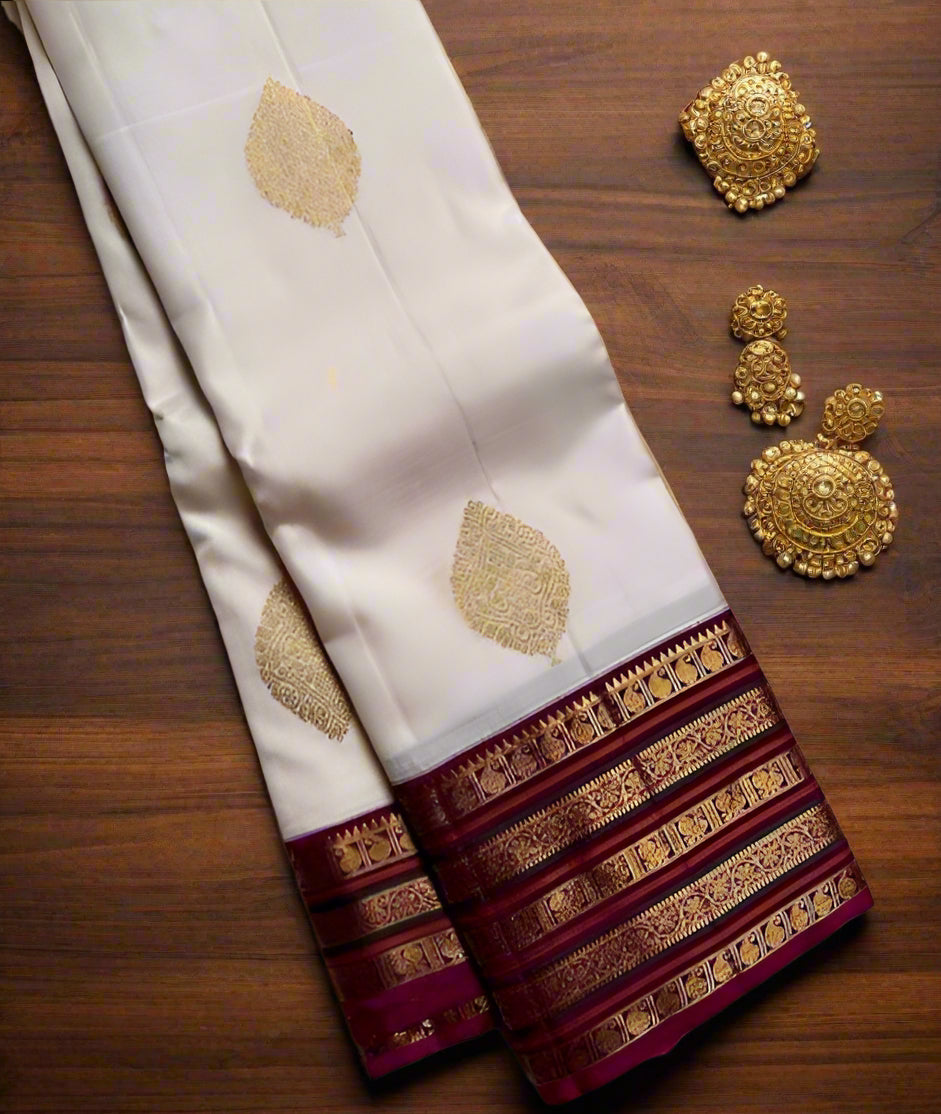 Elegant White Kanjivaram Silk Saree with Pink Jacquard Border - Jari Silken