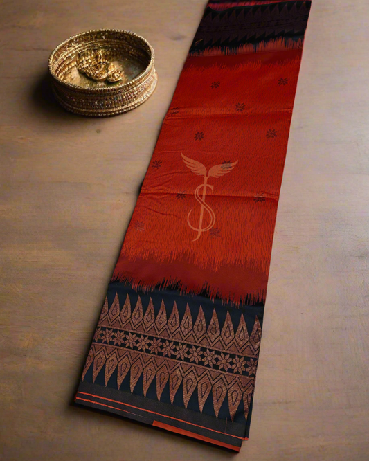 Orange with Black Banarasi Jari Silken Saree with Lotus Pallu & Copper Lotus Blouse