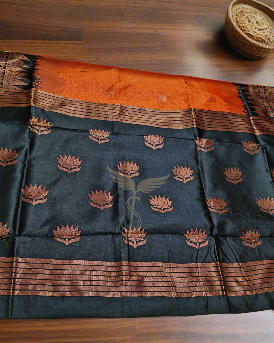 Orange with Black Banarasi Jari Silken Saree with Lotus Pallu & Copper Lotus Blouse