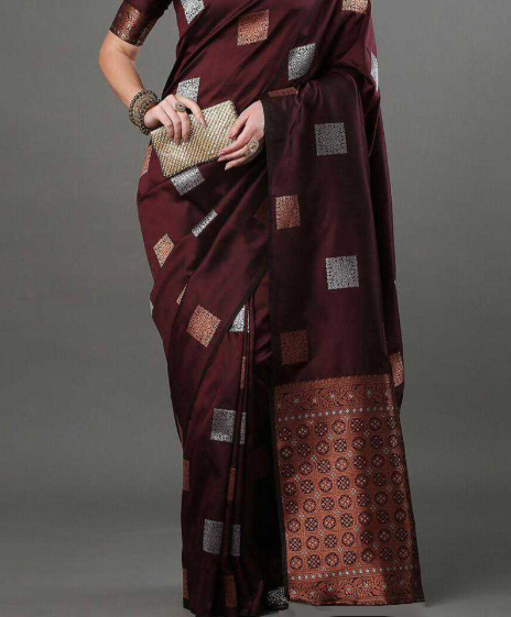 Maroon Banarasi Jari Silken Saree with Silver & Copper Zari Buta | Bridal & Party Wear Saree