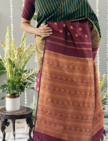 Regal Maroon Green Banarasi Jari Silken Saree with Rich Brocade & Gold Zari