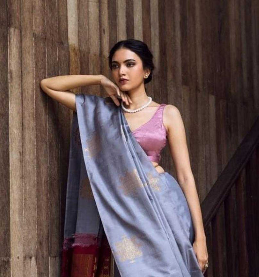 Grey and Pinkish Pallu Soft Banarasi Jari Silken Saree with Subtle Zari Motifs