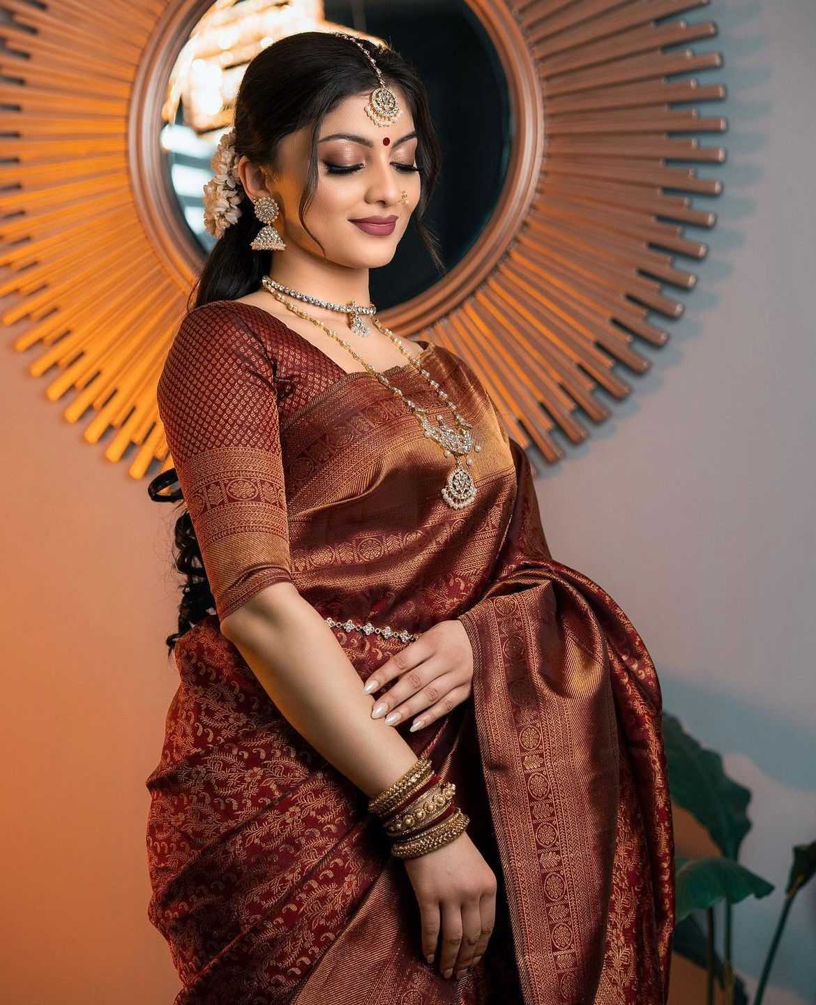 Rust Maroon Zari Woven Jari Silken Saree with Traditional Motif & Contrast Blouse