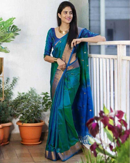 Dual Tone Green & Royal Blue Peacock Soft Jari Silken Saree with Zari Border – Elegant Festive & Party Wear