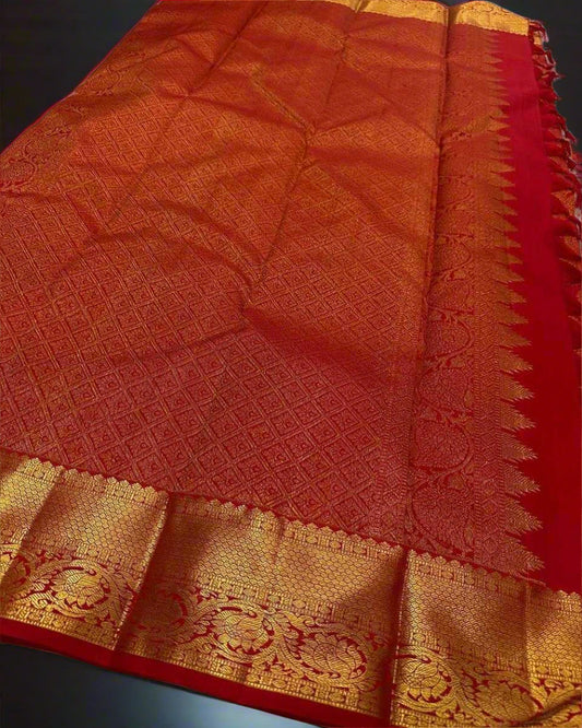 Red Banarasi Jari Silken Saree with Intricate Golden Zari – Timeless Bridal & Festive Elegance