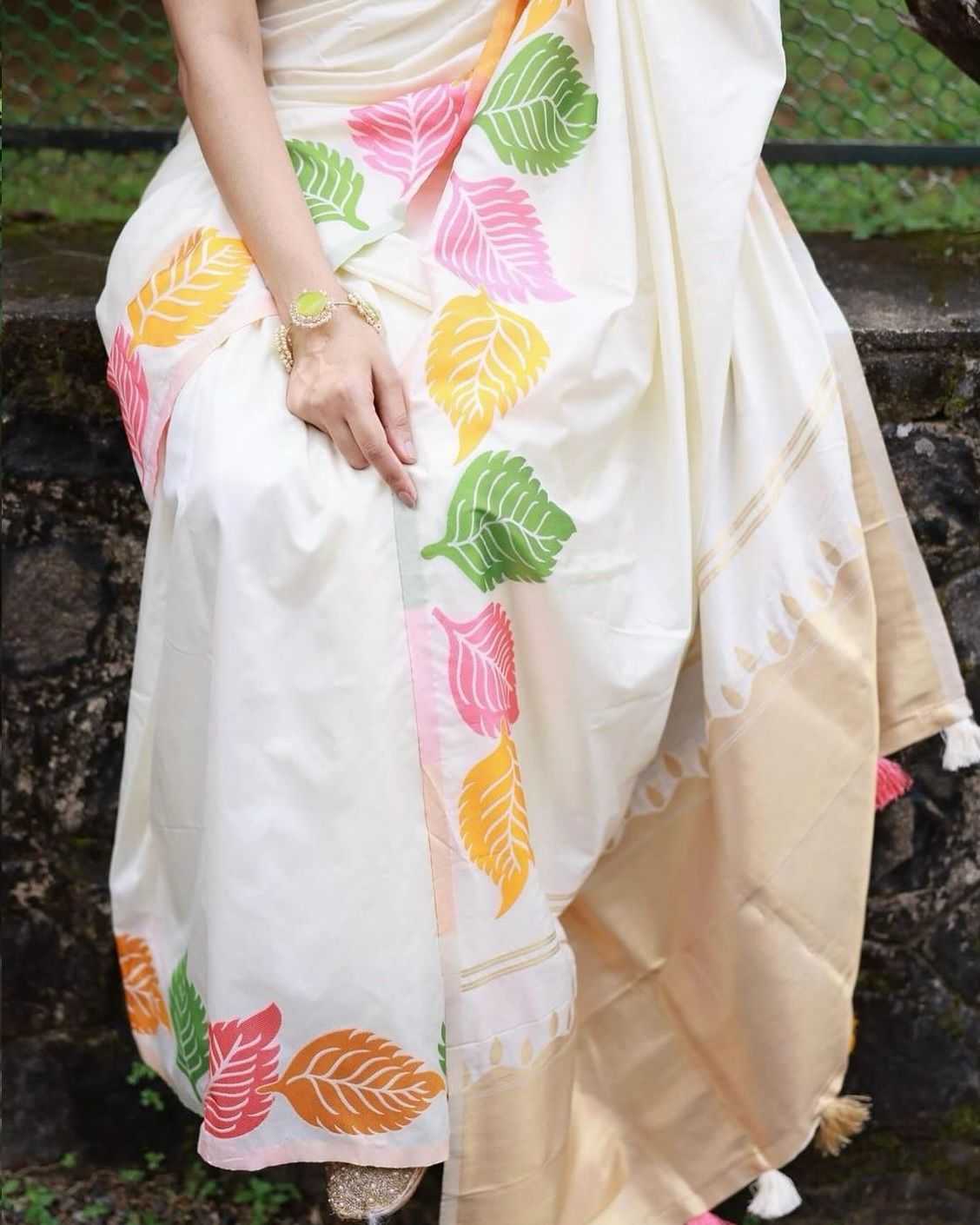 White Jari Silken Saree with Multicolor Leaf Motifs