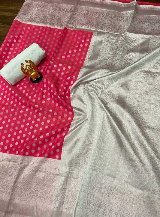Silver and Pink Polka Banarasi Jari Silken Saree – Elegant Festive & Wedding Wear