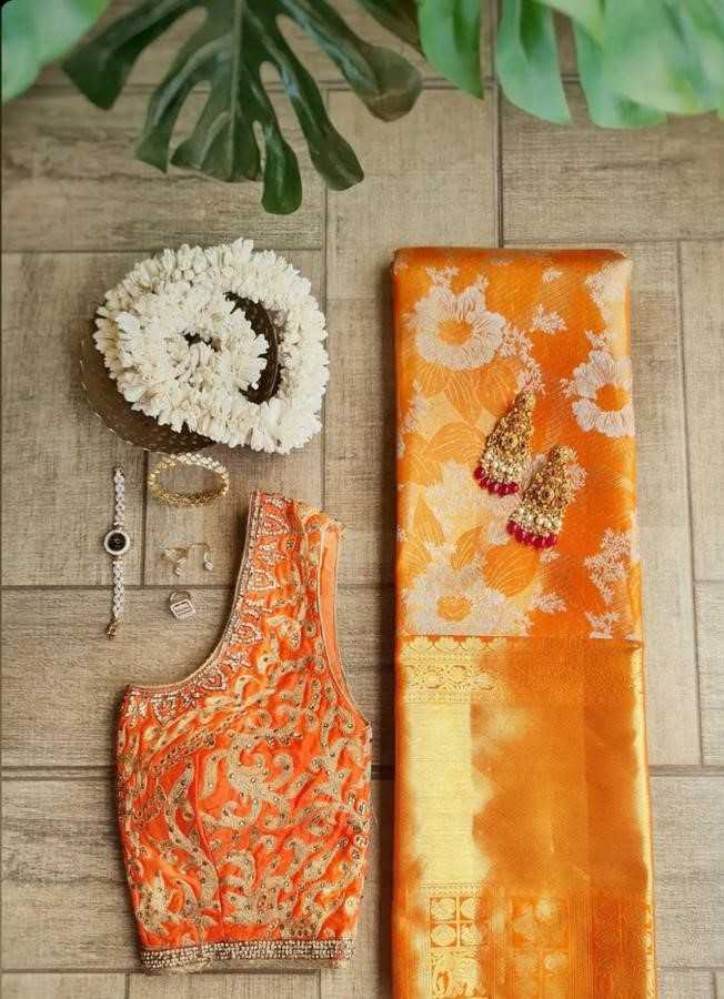 Orange Banarasi Jari Silken Saree with Golden Zari Work – Traditional Grace for Special Occasions