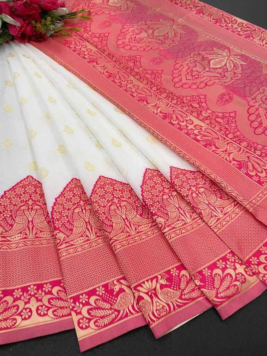 Cream and Pink Banarasi Jari Silken Saree with Rich Zari Work – Traditional Elegance Redefined