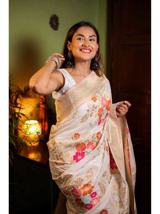 Ivory White Soft Jari Silken Saree with Vibrant Floral Weaves and Golden Zari Border