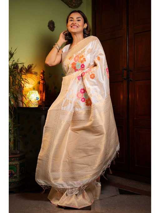 Ivory White Soft Jari Silken Saree with Vibrant Floral Weaves and Golden Zari Border