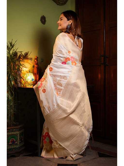 Ivory White Soft Jari Silken Saree with Vibrant Floral Weaves and Golden Zari Border
