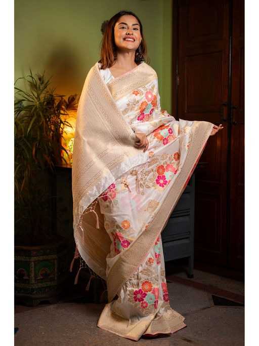 Ivory White Soft Jari Silken Saree with Vibrant Floral Weaves and Golden Zari Border