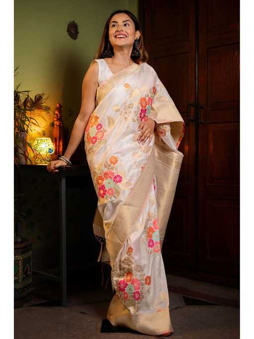 Ivory White Soft Jari Silken Saree with Vibrant Floral Weaves and Golden Zari Border