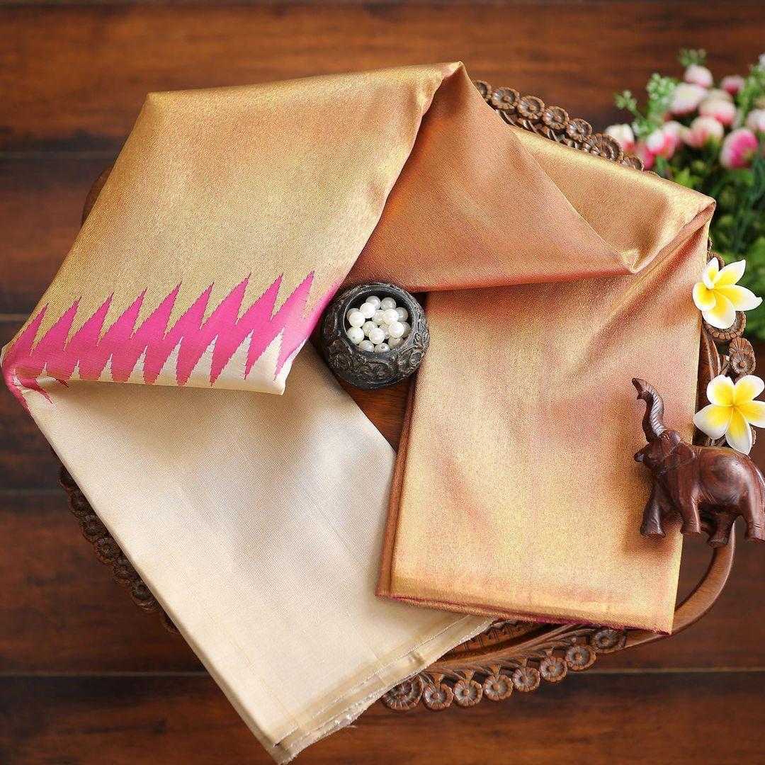 Peach Cream & Hot Pink Kanjivaram Jari Silken Saree with Golden Zari – Modern Festive Elegance