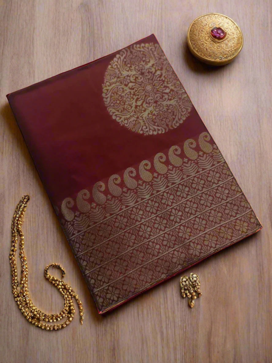 Maroon Banarasi Silk Sarees with Rich Pallu & All-Over Jacquard Work