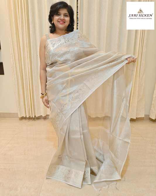 Grey Tissue Banarasi Silk Saree with Golden Zari Border – Subtle Luxury for Elegant Occasions