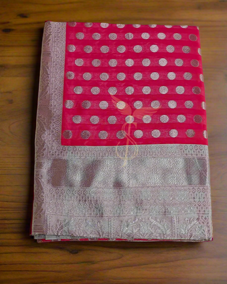 Graceful Silver and Pink Polka Banarasi Jari Silken Saree – Elegant Festive & Wedding Wear