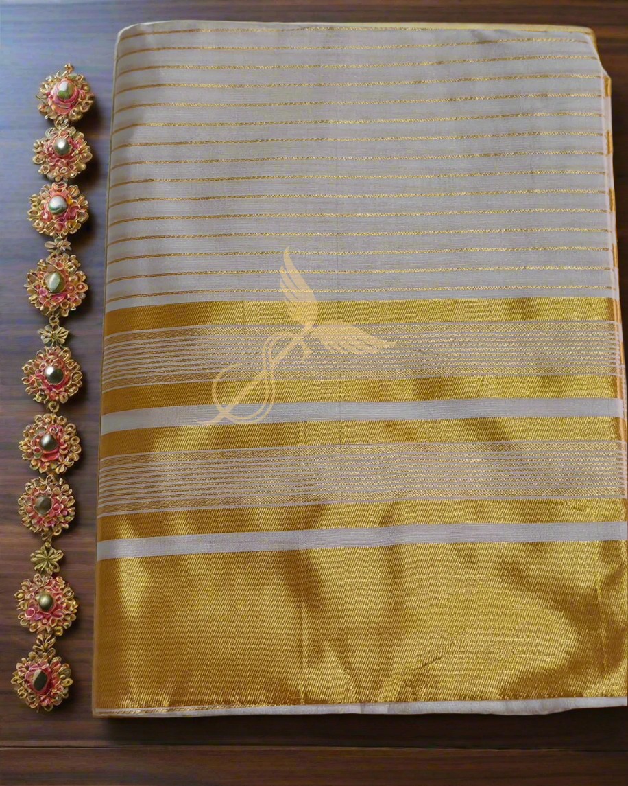 Traditional Kerala Kasavu White & Gold Soft Jari Silken Saree – Ethnic Elegance for Festive & Temple Wear
