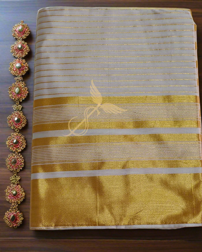 Traditional Kerala Kasavu White & Gold Soft Jari Silken Saree – Ethnic Elegance for Festive & Temple Wear