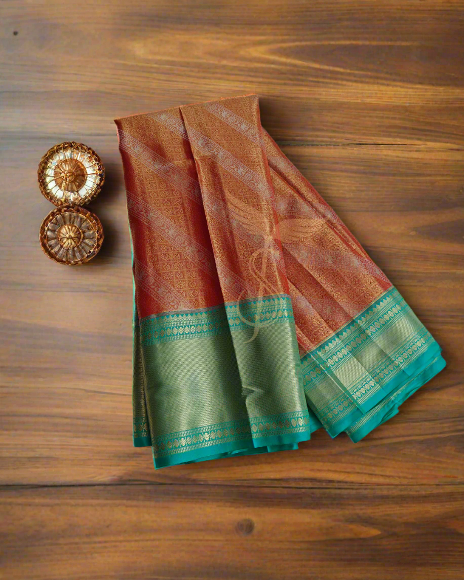 Radiant Orange & Green Kanjivaram Jari Silken Saree with Intricate Handwoven Zari Work