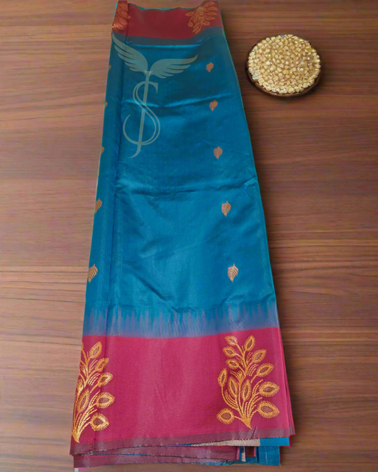 Blue & Pink Banarasi Jari Silken Saree with Zari Woven Pallu – Festive Wear