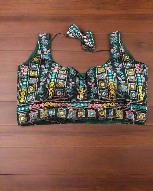 Designer Bottle green Mirror Work Blouse with Multicolor Embroidery – Wedding & Festive Wear
