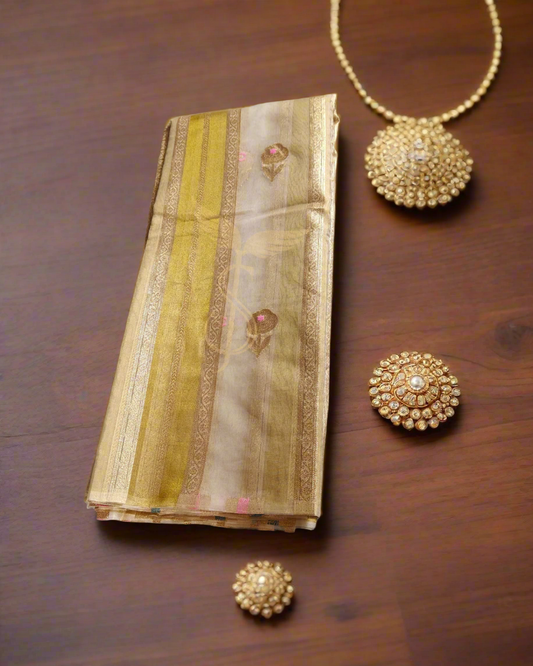 white Gold stripes Tissue Banarasi Jari Silken Saree