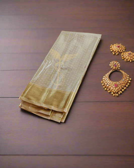 Beige & Gold Kanjivaram Jari Silken Saree – A Timeless Statement of Grace