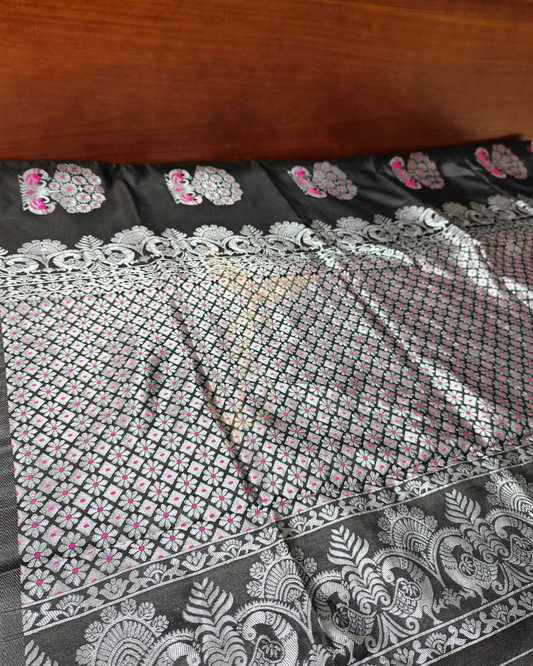 Black Banarasi Jari Silken Saree with pink peacock motifs and silver Zari