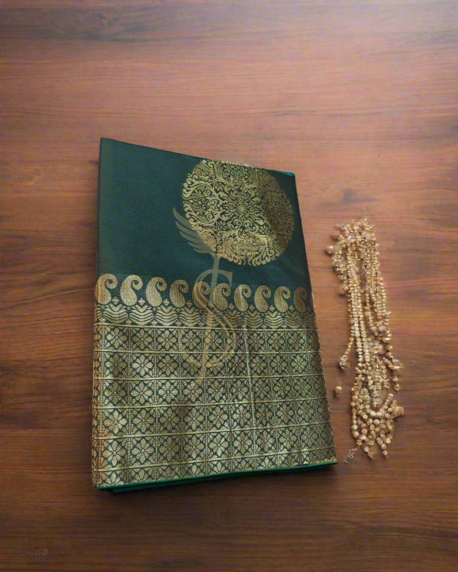 Bottle Green Banarasi Jari Silken Sarees with Rich Pallu & All-Over Jacquard Work
