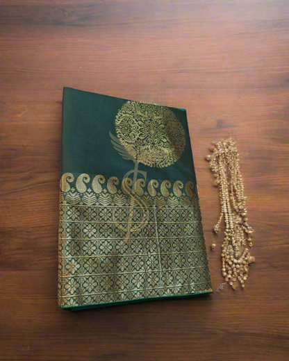 Bottle Green Banarasi Jari Silken Sarees with Rich Pallu & All-Over Jacquard Work