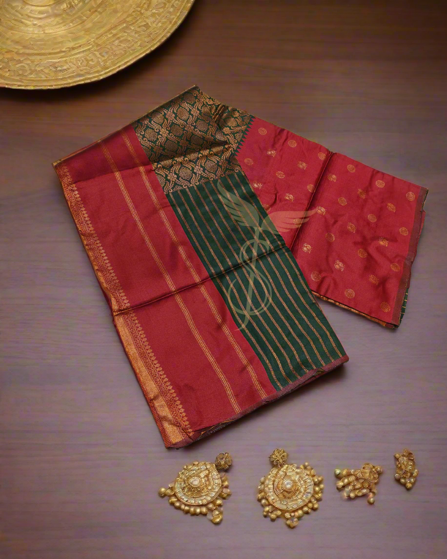 Regal Maroon Green Banarasi Jari Silken Saree with Rich Brocade & Gold Zari