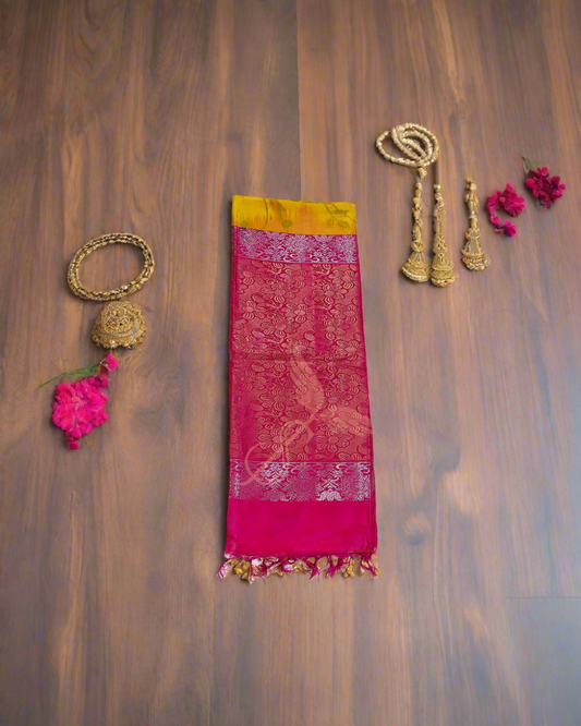 Graceful Yellow & Pink Kanjivaram Jari Silken Saree with Pochampalli Handwoven Zari Design